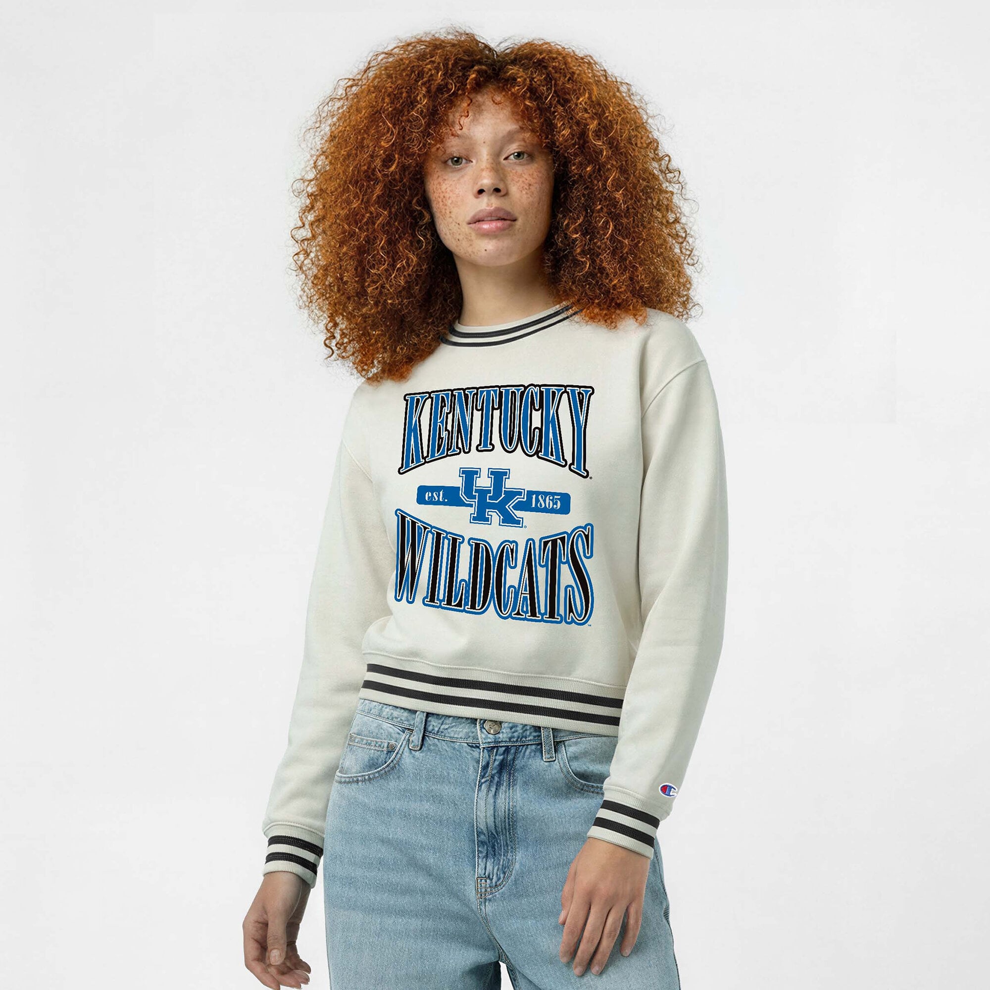 Women's Champion  White Kentucky Wildcats Yarn Dye Rib Reverse Weave Crew Sweatshirt